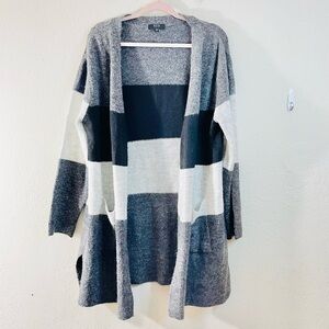 Modern Canvas Plaid Acrylic Blend Open Front Cardigan XL Black/White Pockets